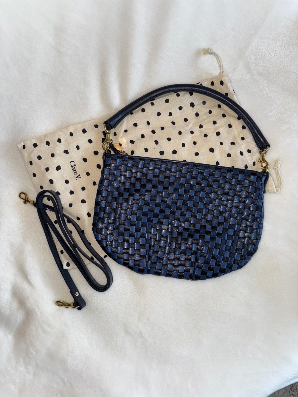Clare V Navy Petite Moyen Woven Leather Crossbody with Detachable Strap